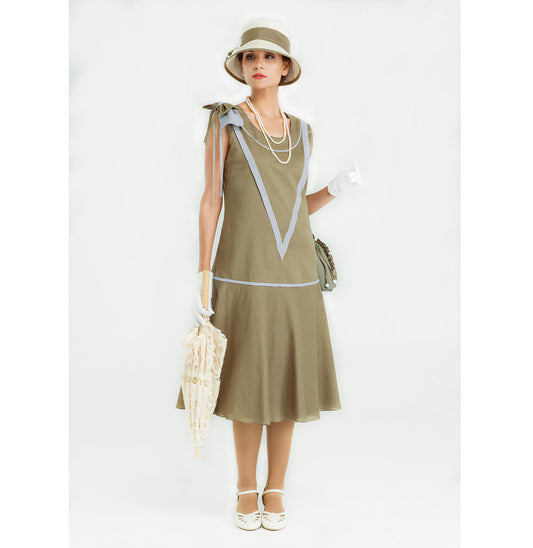 Linen Great Gatsby dress in olive green & grey