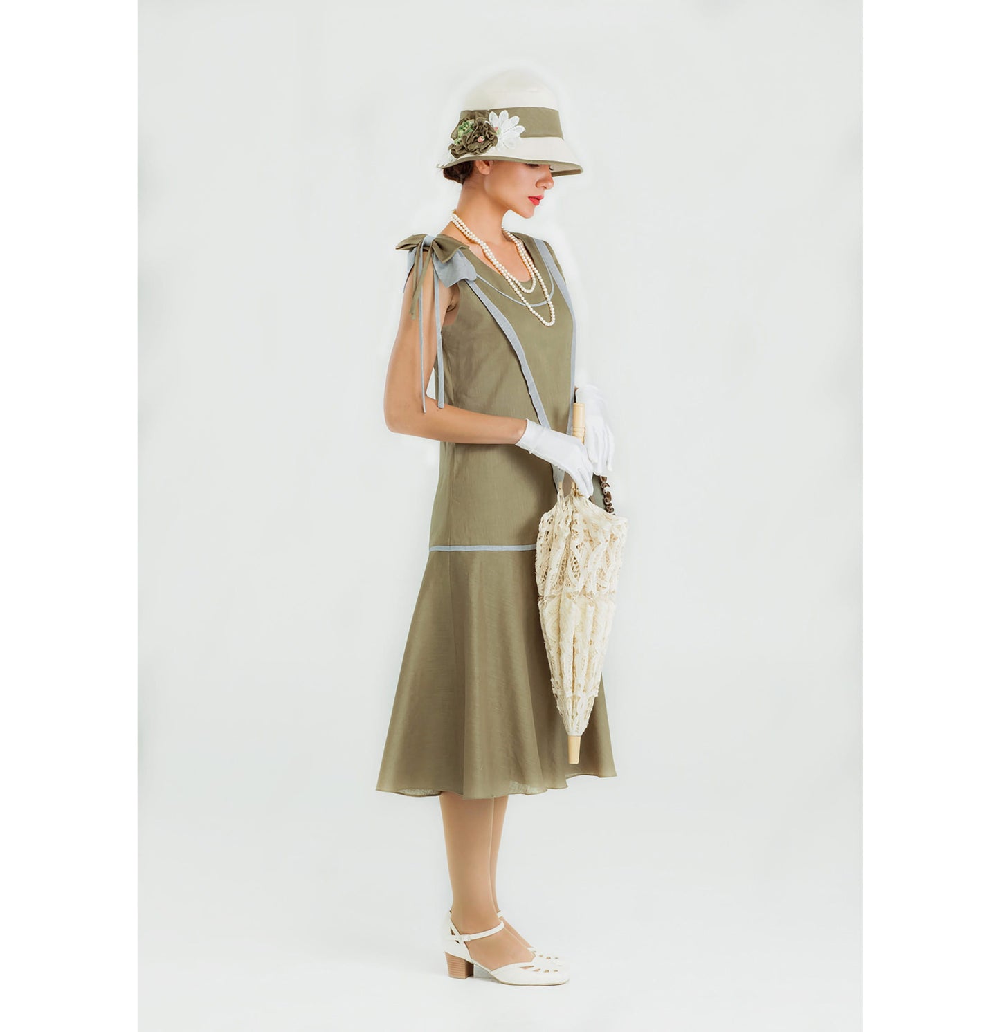 Linen Great Gatsby dress in olive green & grey