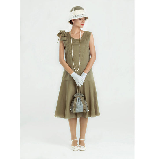Sleeveless 1920s linen dress in olive green with bow on shoulder