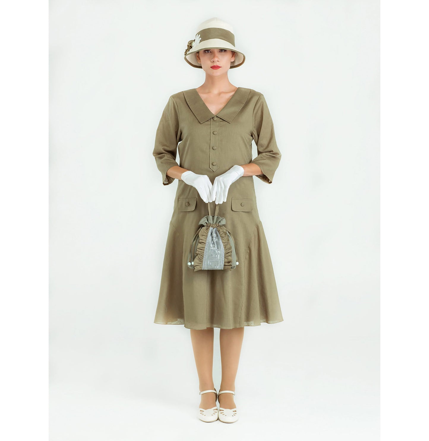 1920s olive linen dress with small puritan collar and 3/4 sleeves