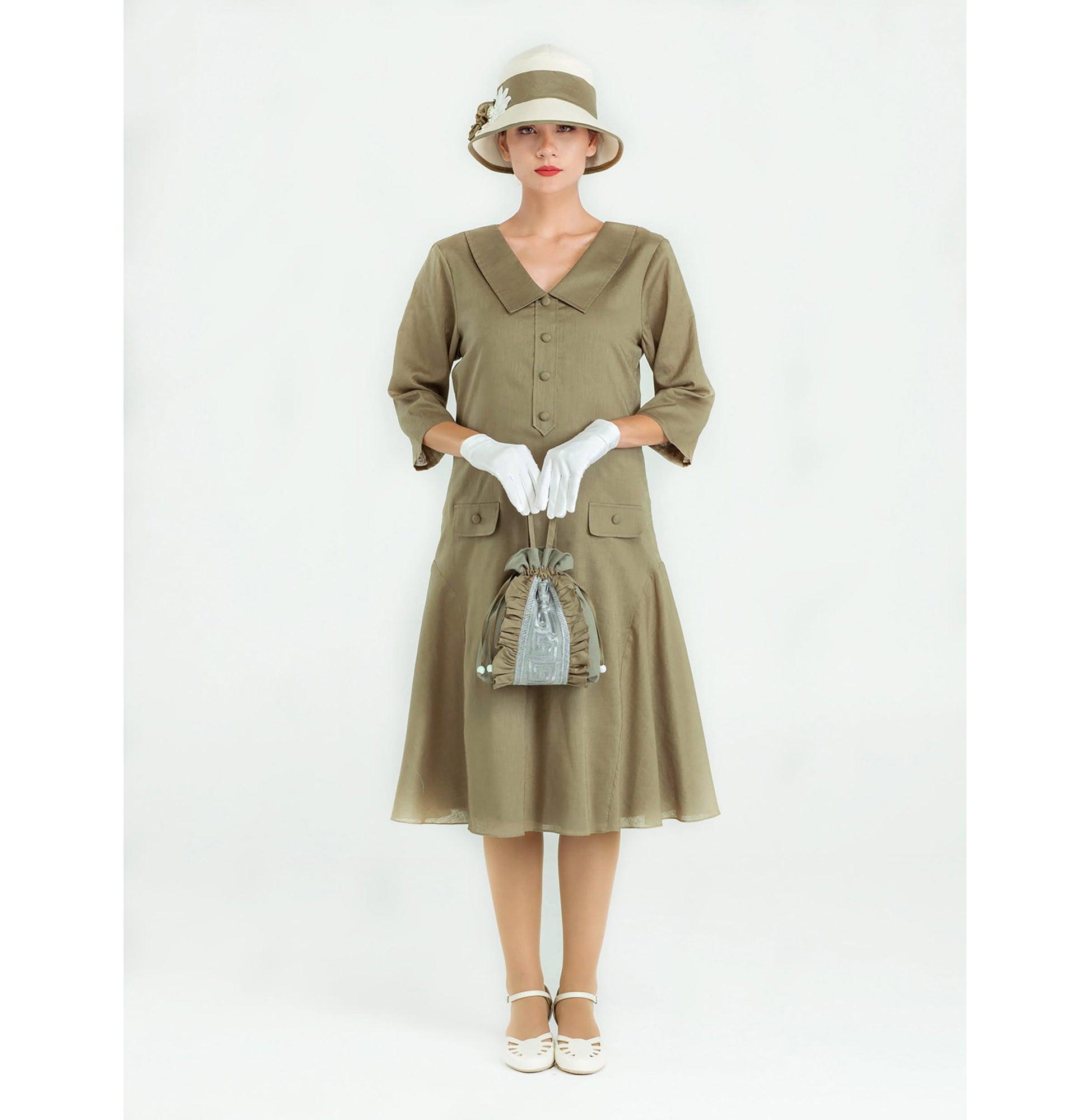 1920s olive linen dress with small puritan collar and 3/4 sleeves