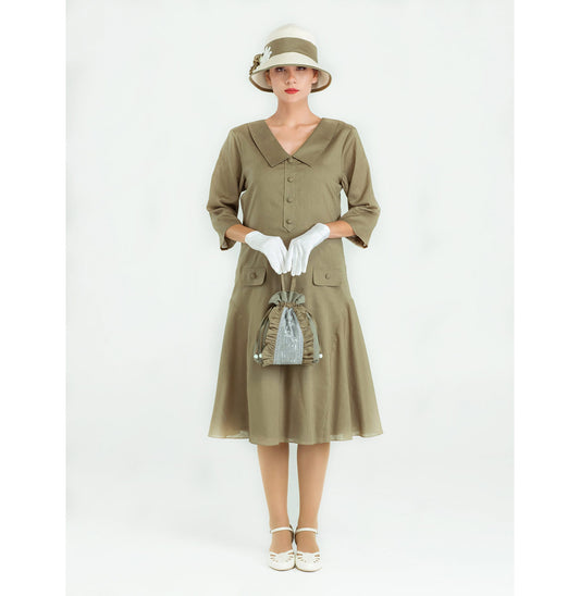 1920s olive linen dress with small puritan collar and 3/4 sleeves