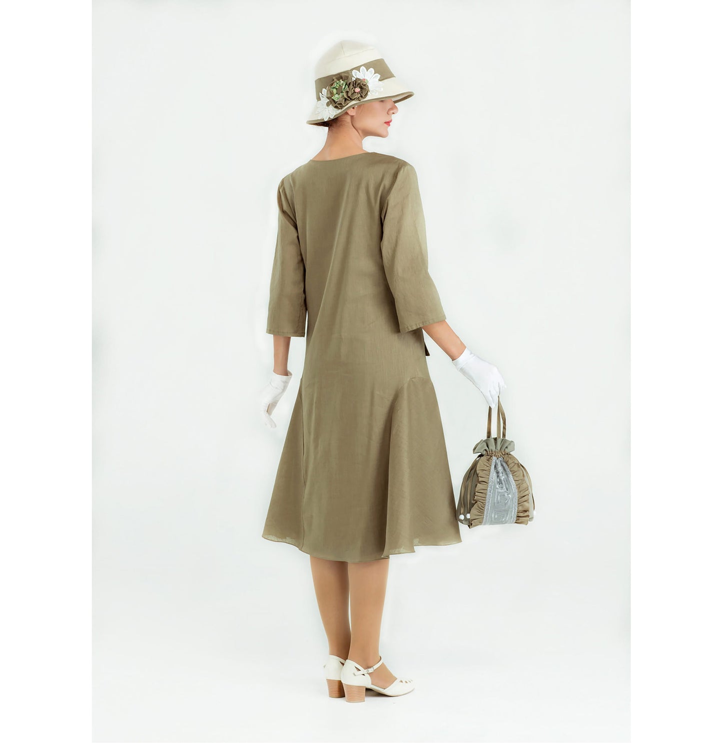 1920s olive linen dress with small puritan collar and 3/4 sleeves
