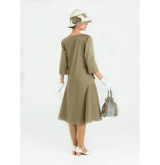 1920s olive linen dress with small puritan collar and 3/4 sleeves