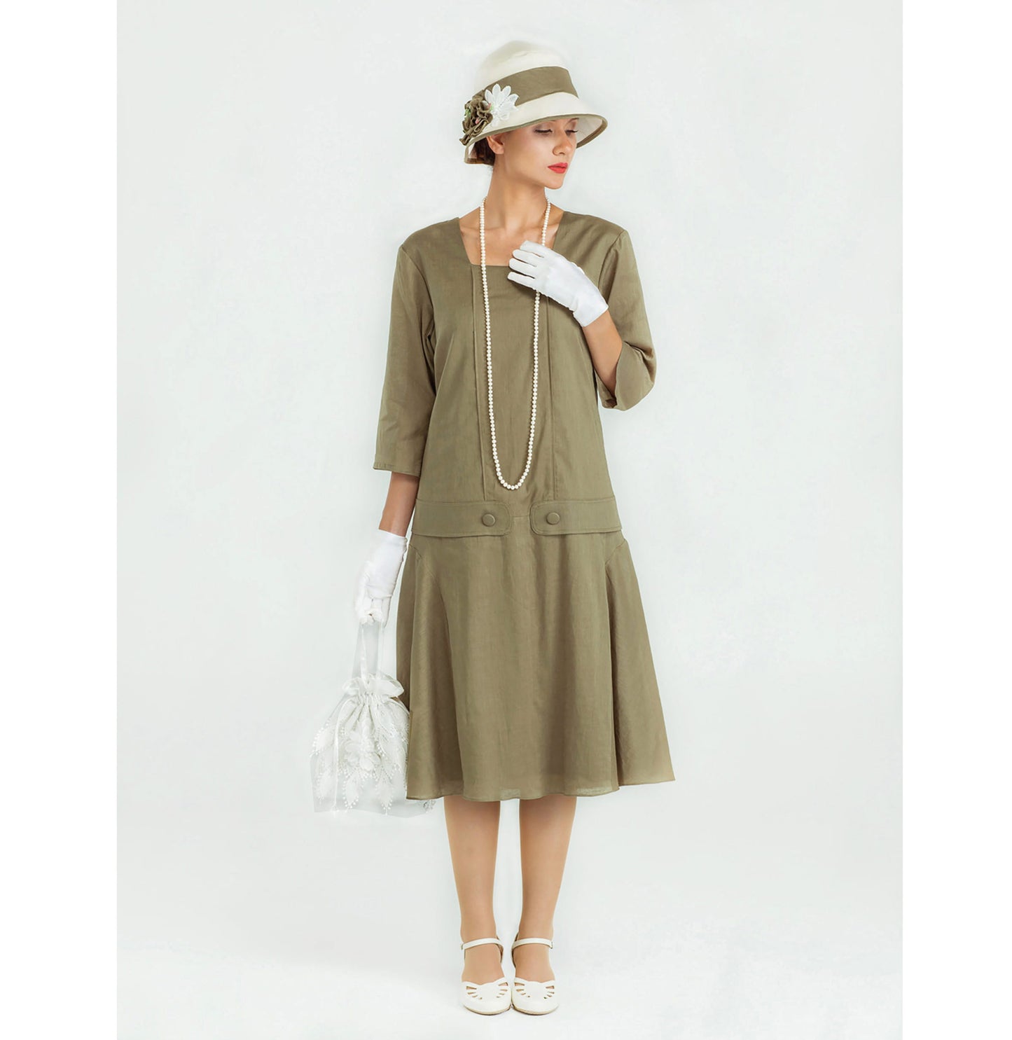 Olive green linen Great Gatsby dress with square neck and 3/4 sleeves