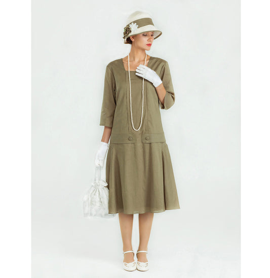 Olive green linen Great Gatsby dress with square neck and 3/4 sleeves