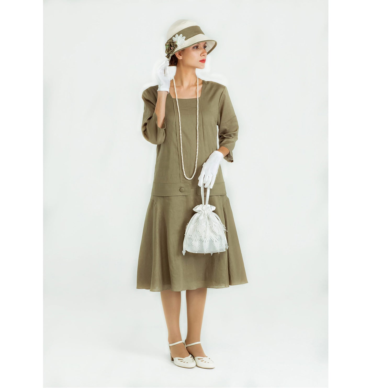 Olive green linen Great Gatsby dress with square neck and 3/4 sleeves