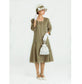 Olive green linen Great Gatsby dress with square neck and 3/4 sleeves