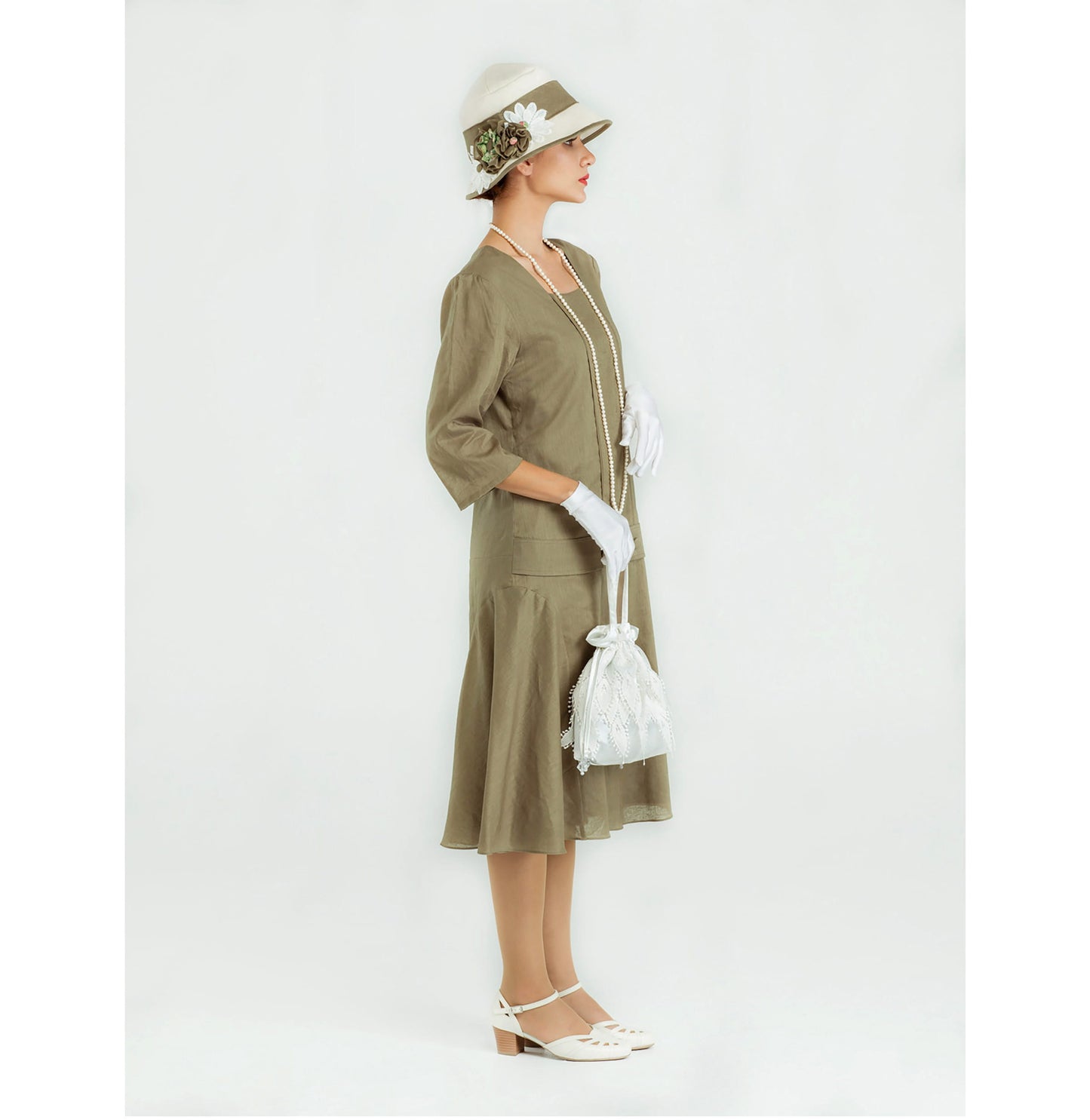 Olive green linen Great Gatsby dress with square neck and 3/4 sleeves