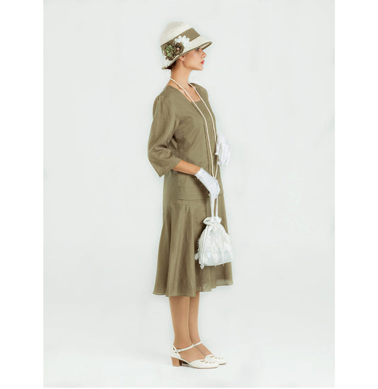 Olive green linen Great Gatsby dress with square neck and 3/4 sleeves
