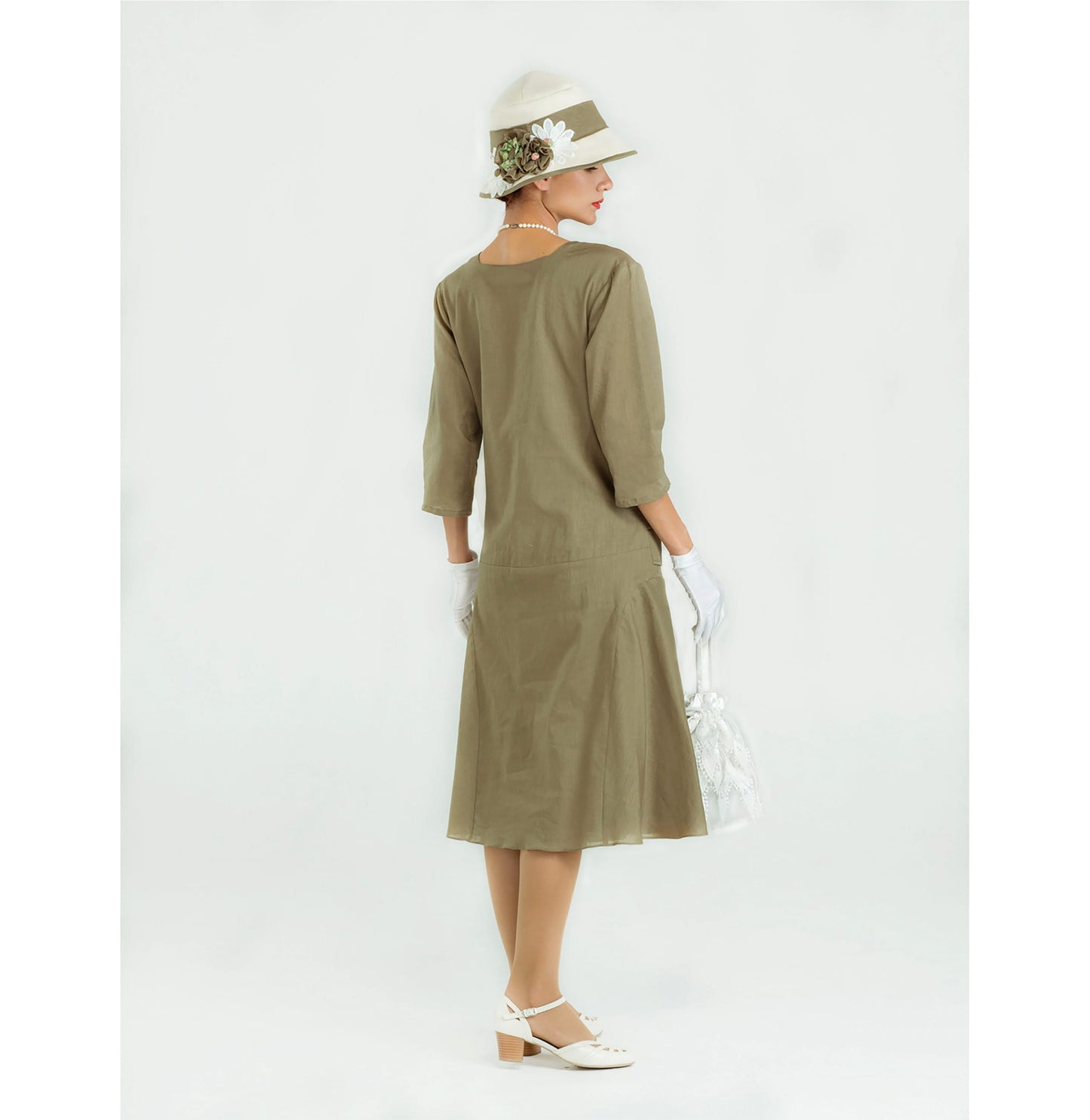 Olive green linen Great Gatsby dress with square neck and 3/4 sleeves