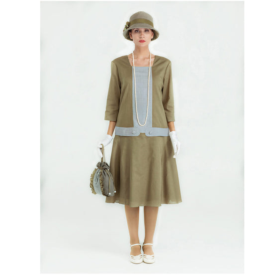 Olive and grey linen Great Gatsby dress with 3/4 sleeves