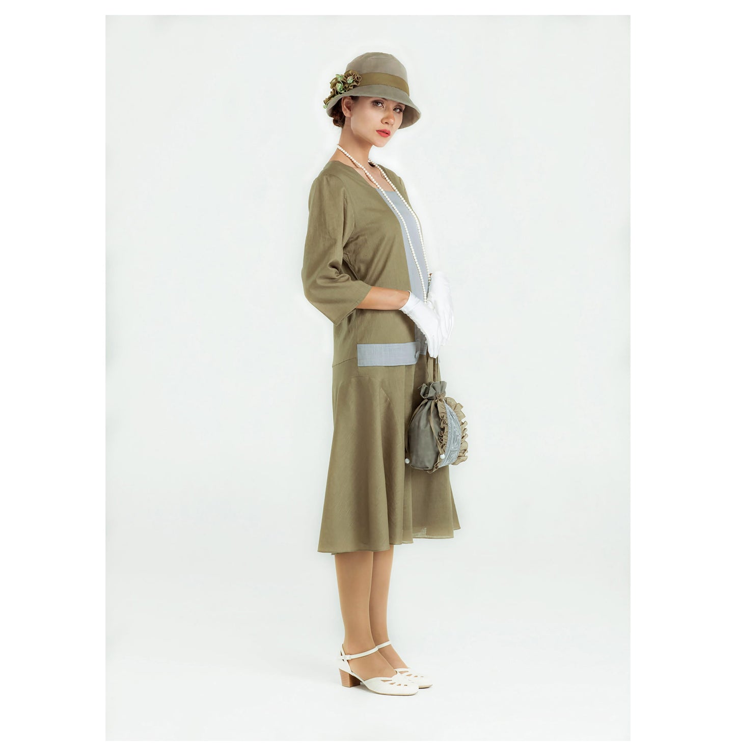 Olive and grey linen Great Gatsby dress with 3/4 sleeves