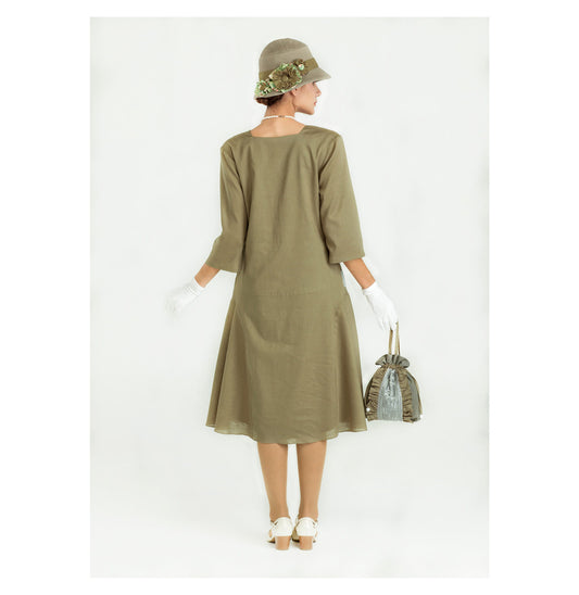 Olive and grey linen Great Gatsby dress with 3/4 sleeves