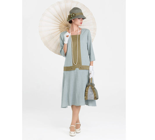 Great Gatsby linen dress in grey and olive with square neckline