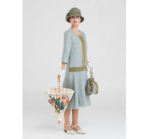 Great Gatsby linen dress in grey and olive with square neckline