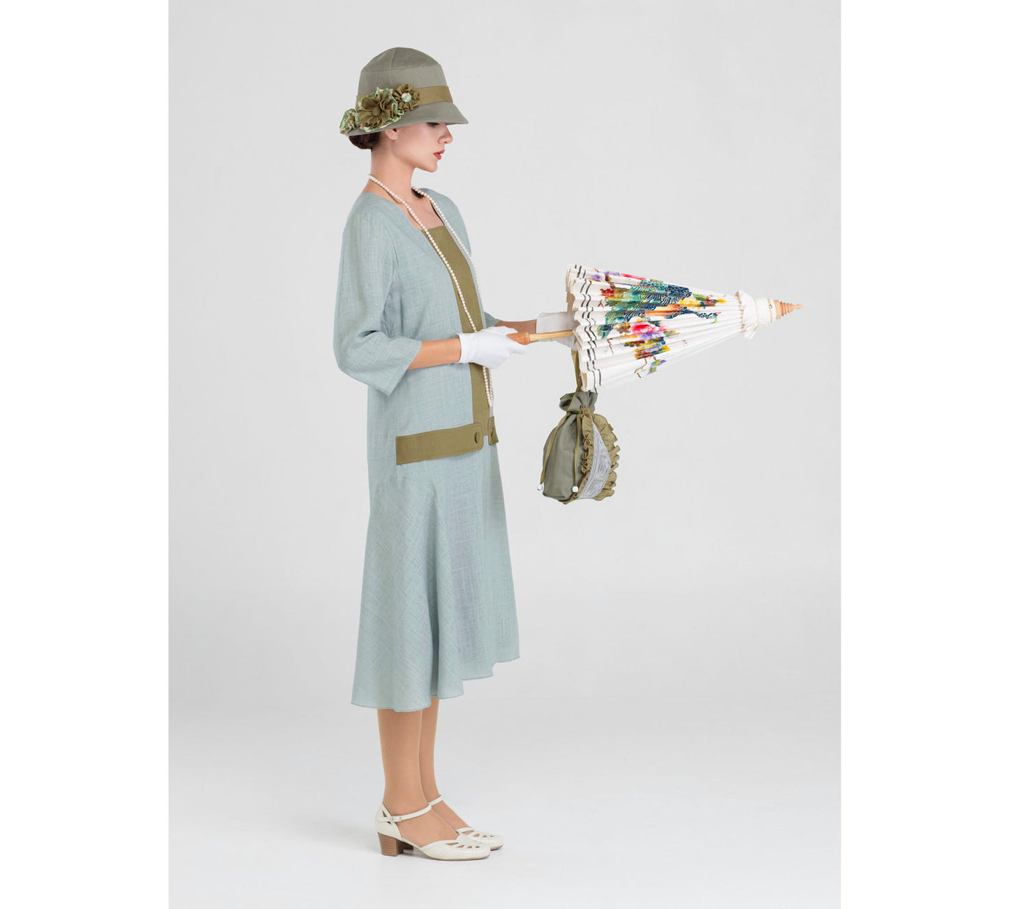 Great Gatsby linen dress in grey and olive with square neckline