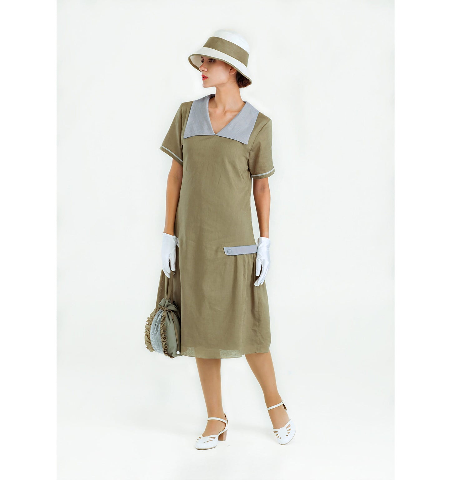 Downton Abbey day dress in olive and grey linen