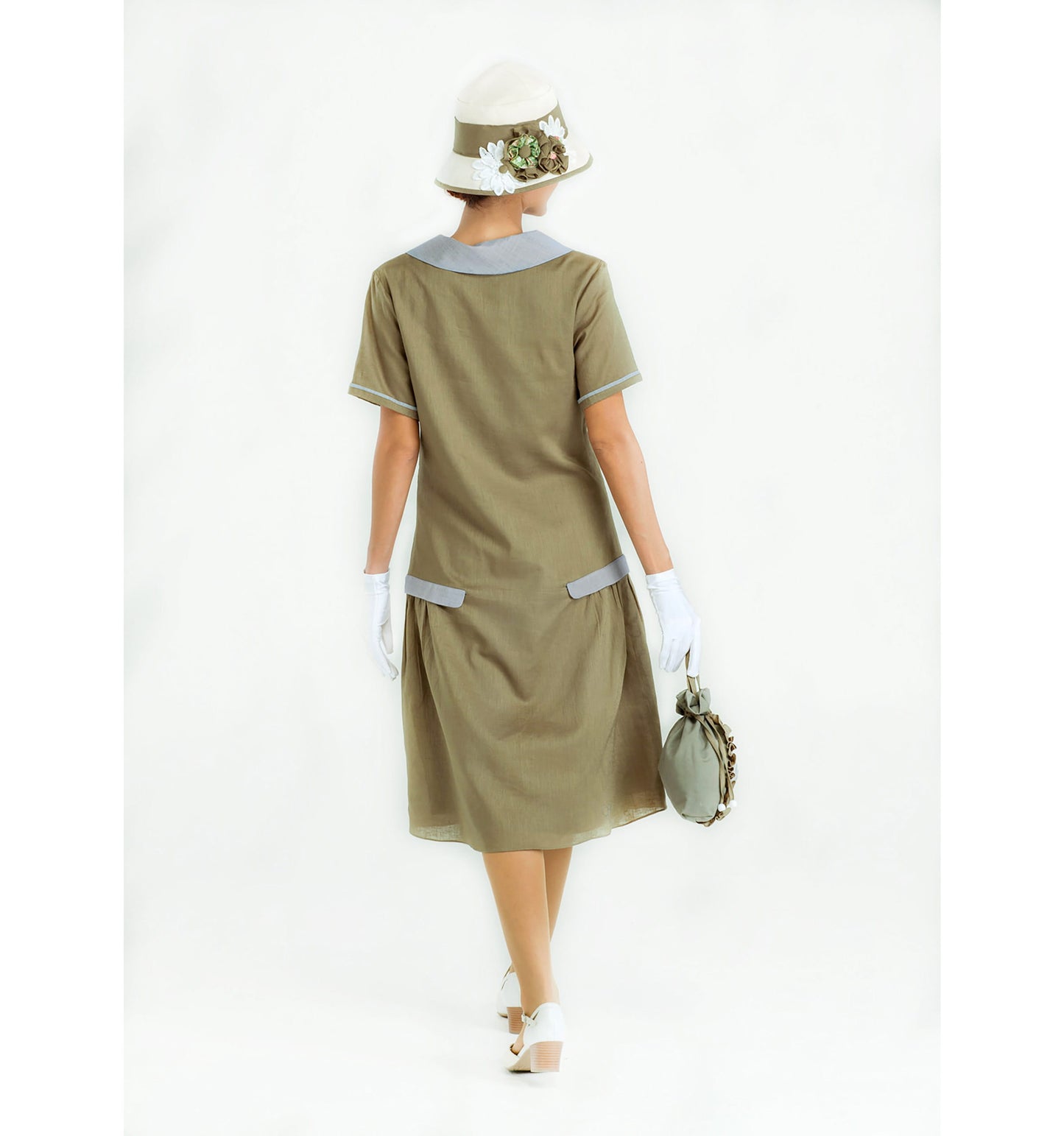 Downton Abbey day dress in olive and grey linen