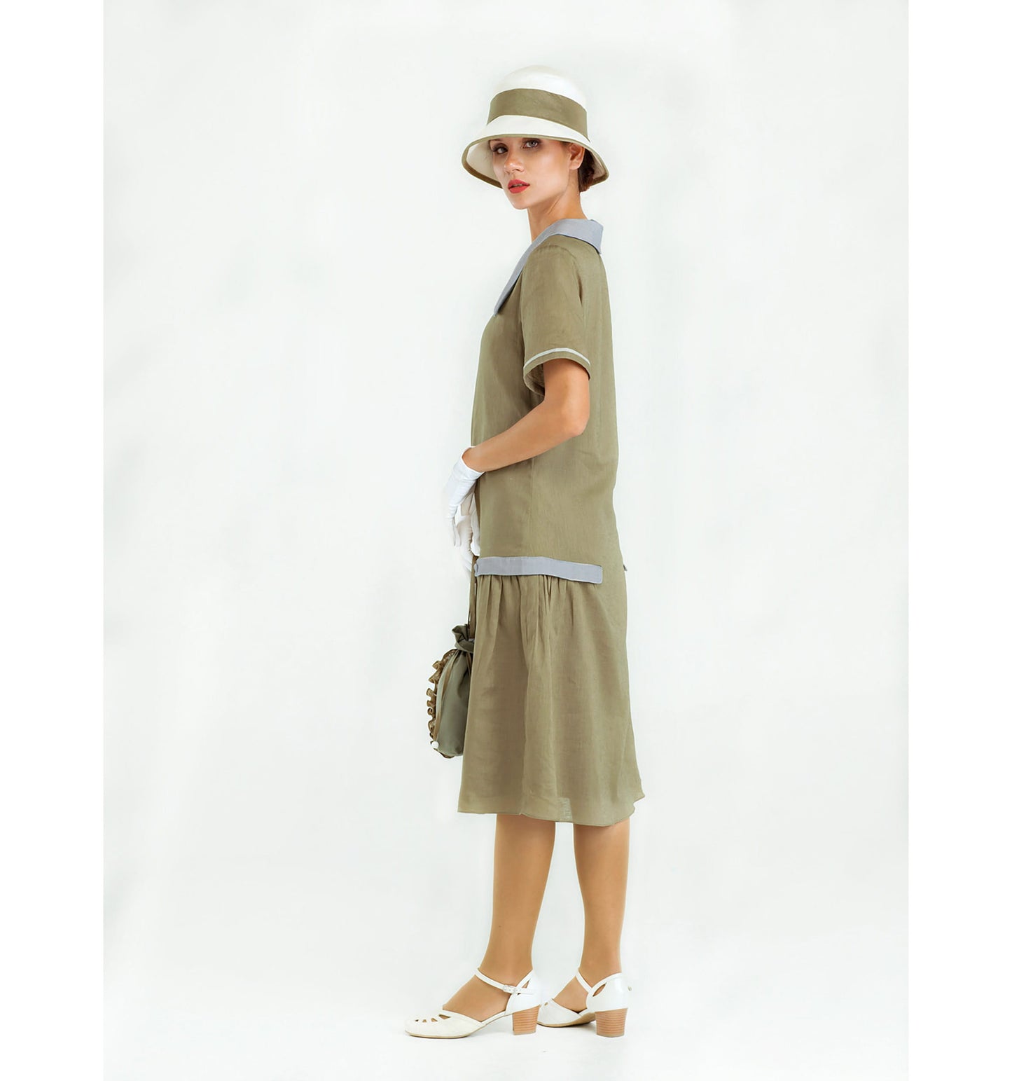 Downton Abbey day dress in olive and grey linen