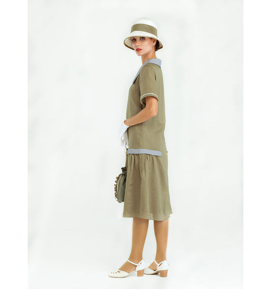 Downton Abbey day dress in olive and grey linen