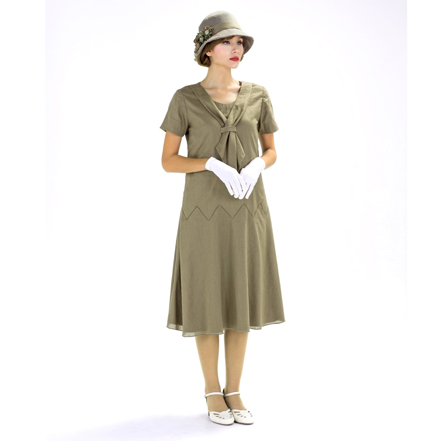 1920s fashion style linen dress in olive green with zigzag detail