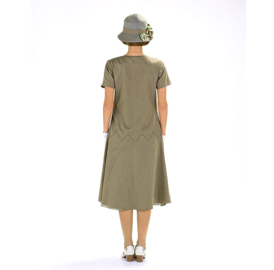 1920s fashion style linen dress in olive green with zigzag detail