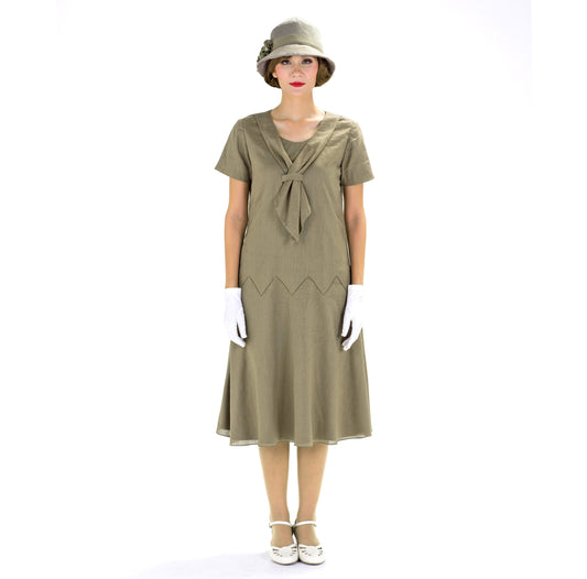 1920s fashion style linen dress in olive green with zigzag detail