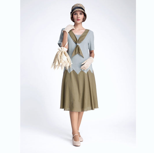 1920s fashion style linen dress in grey/olive green with zigzag detail