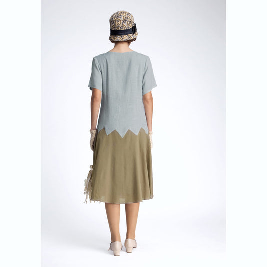 1920s fashion style linen dress in grey/olive green with zigzag detail