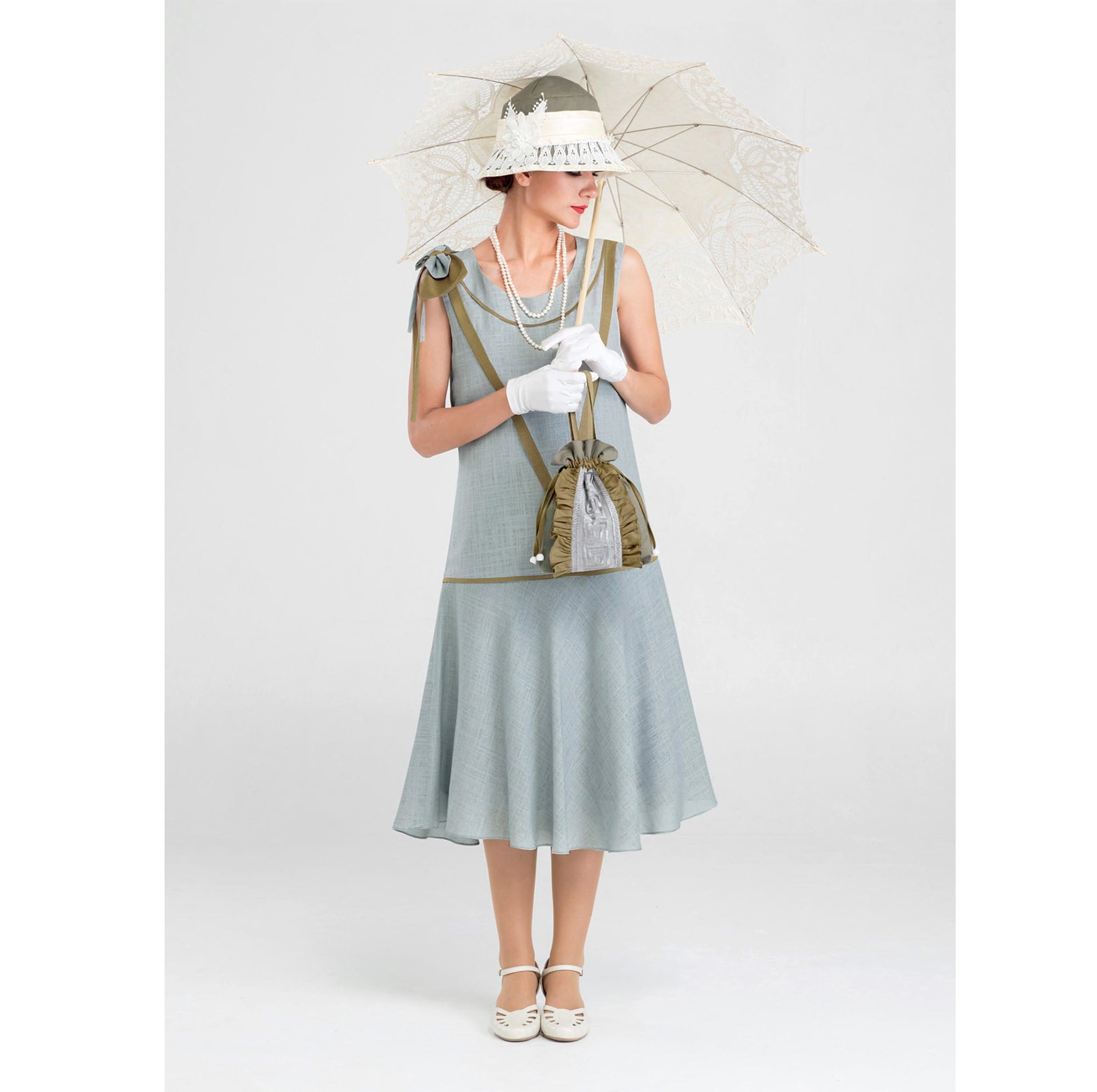1920s linen day dress in grey & olive green with shoulder bow