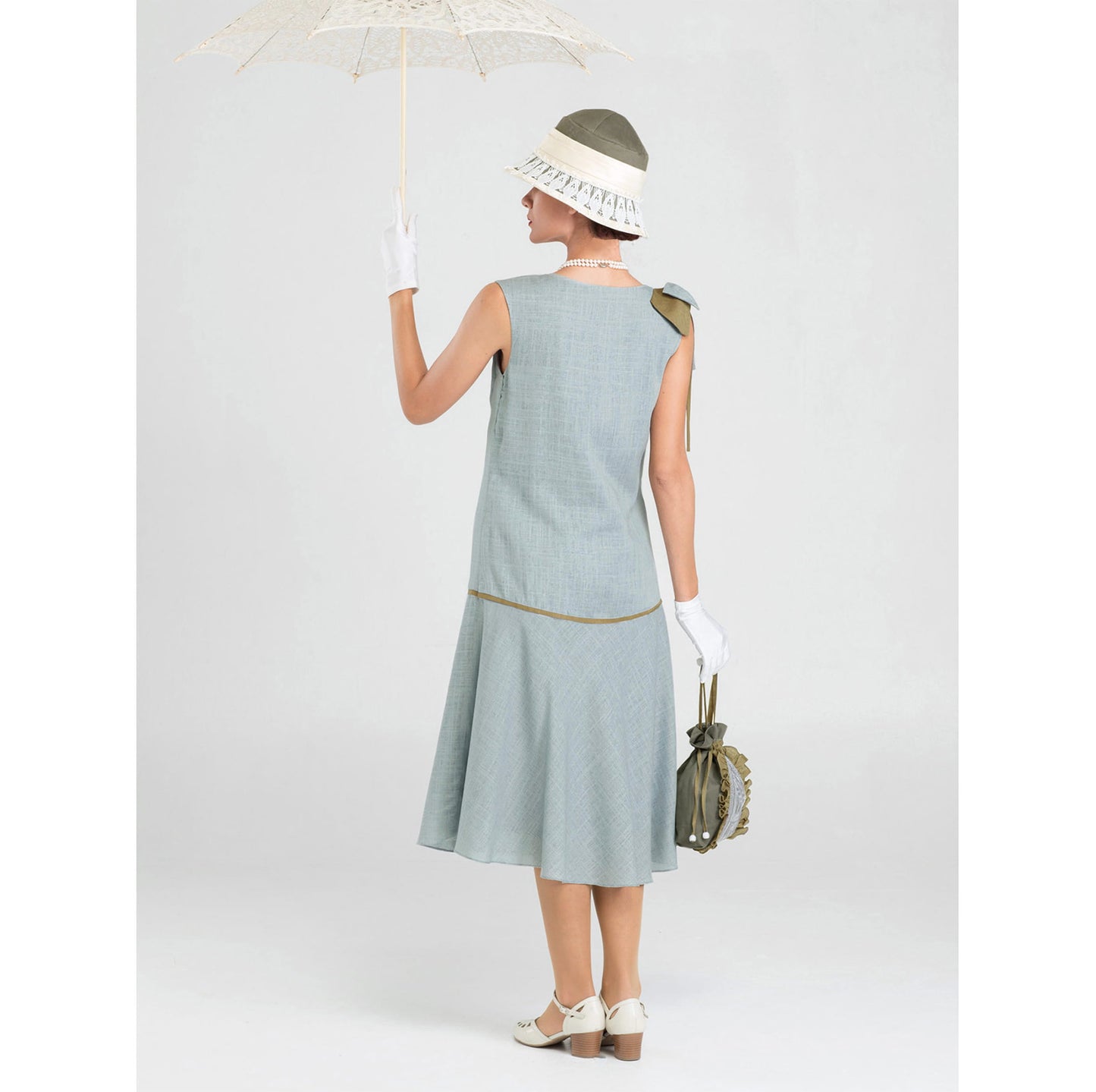 1920s linen day dress in grey & olive green with shoulder bow