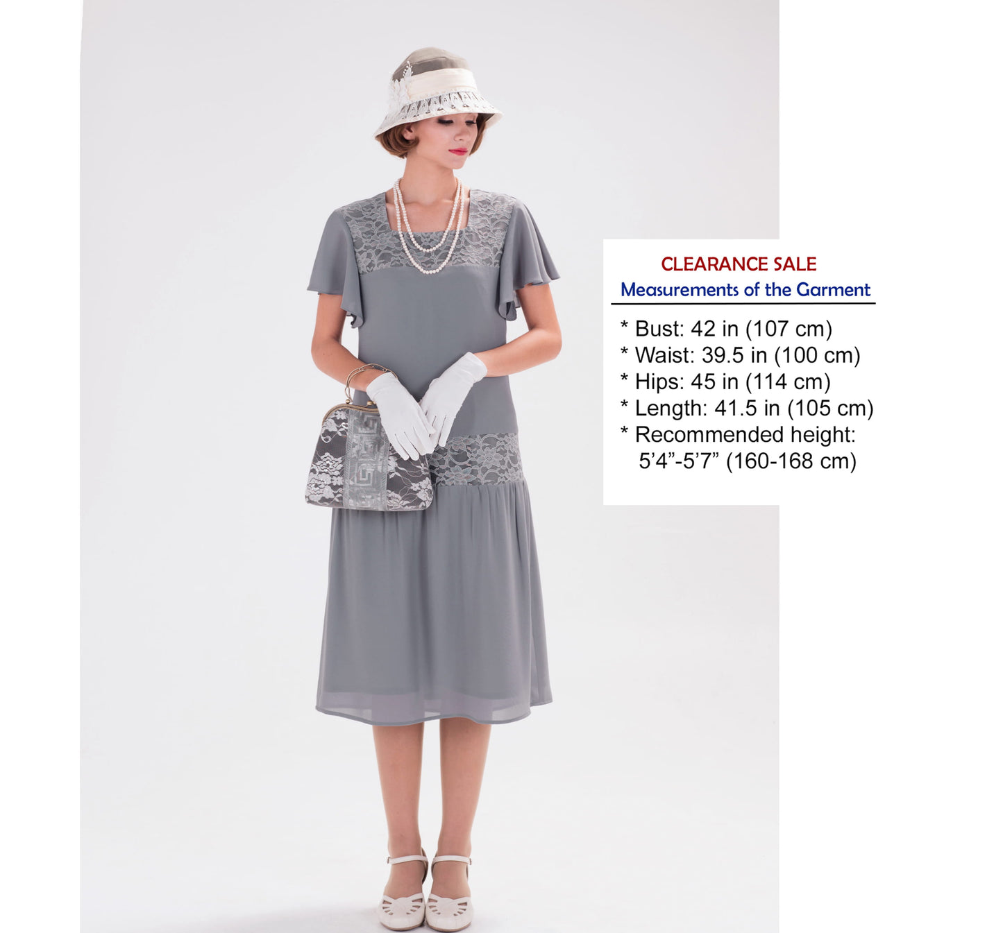 CLEARANCE: 1920s Grey Chiffon Lace Dress with Flutter Sleeves