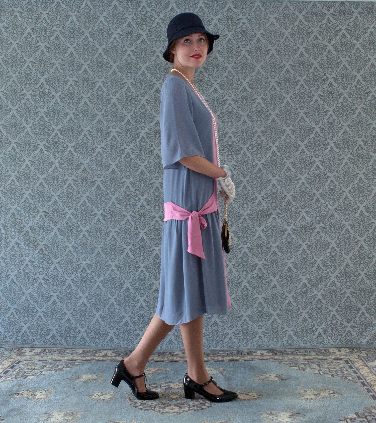 Grey chiffon dress with orchid pink details with elbow sleeves LaVieDelight Grey chiffon dress with orchid pink details with elbow sleeves LaVieDelight