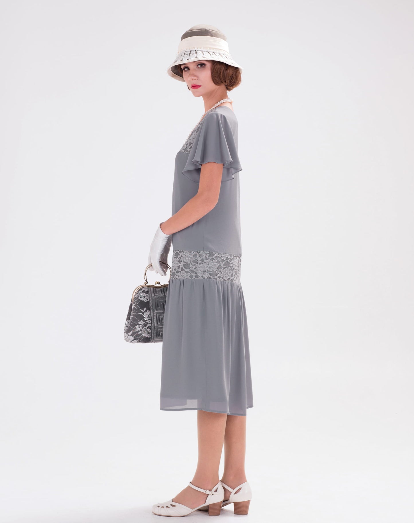 CLEARANCE: 1920s Grey Chiffon Lace Dress with Flutter Sleeves