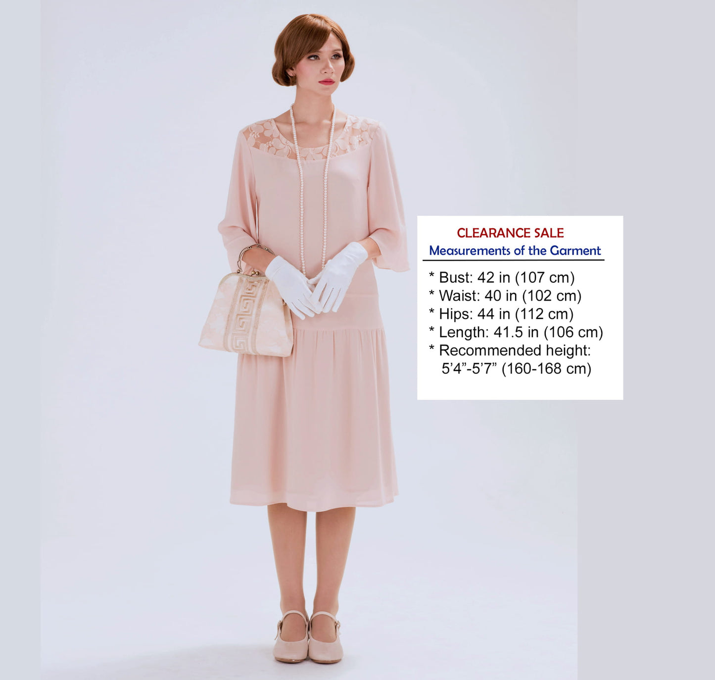 CLEARANCE: 1920s Great Gatsby dress in nude with elbow length sleeves