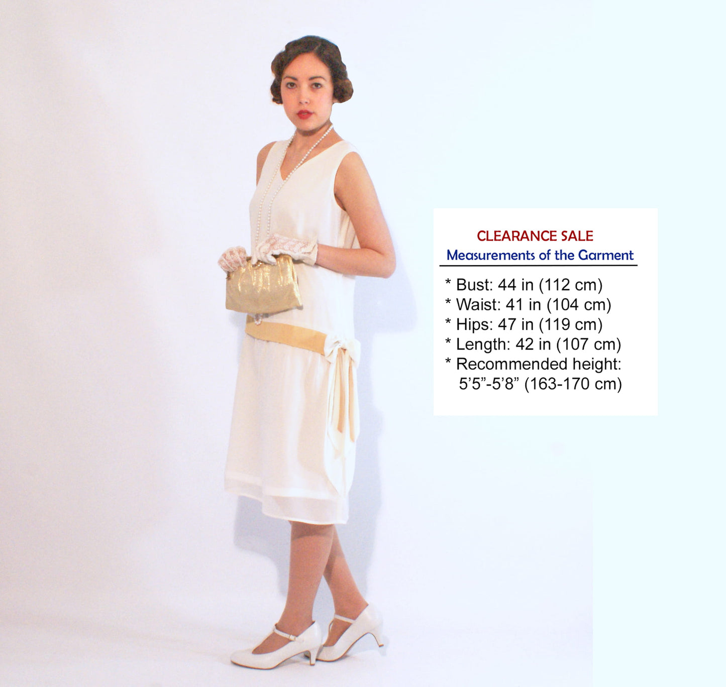 CLEARANCE: 1920s inspired flapper dress made of off-white chiffon wth pale marigold details