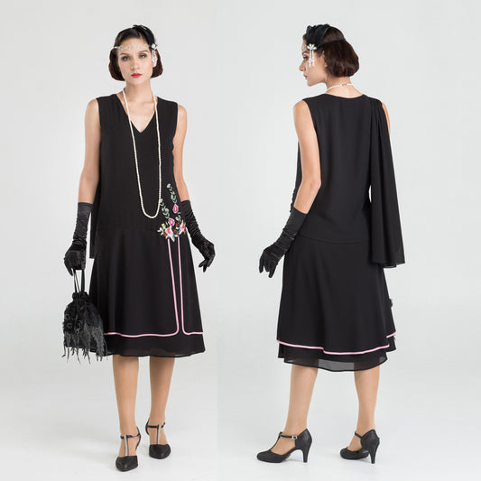 Black 1920s evening dress with a shoulder train - a roaring twenties dress