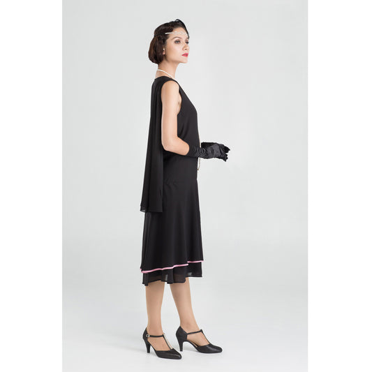 Black chiffon Jazz Age party dress with a train on the shoulder. The 1920s dress or flapper can be worn as Gatsby dress or 1920s evening dress.