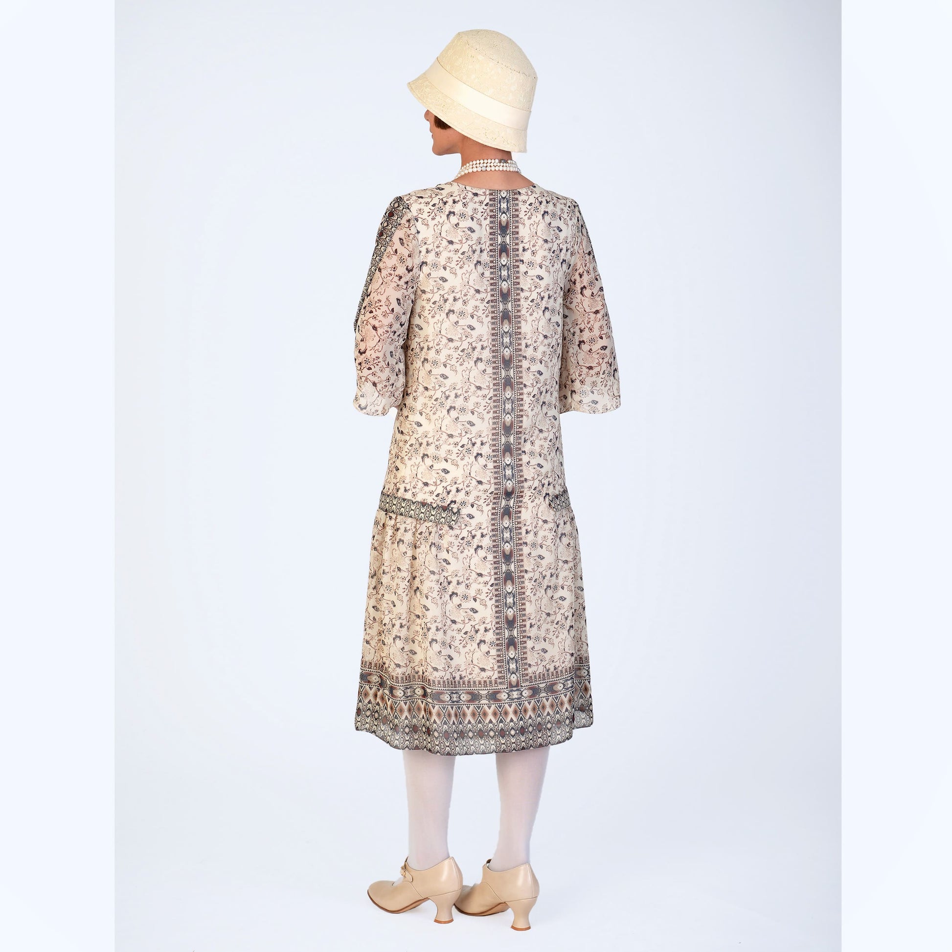 1920s high tea dress in printed cream chiffon with elbow sleeves LaVieDelight 1920s high tea dress in printed cream chiffon with elbow sleeves LaVieDelight