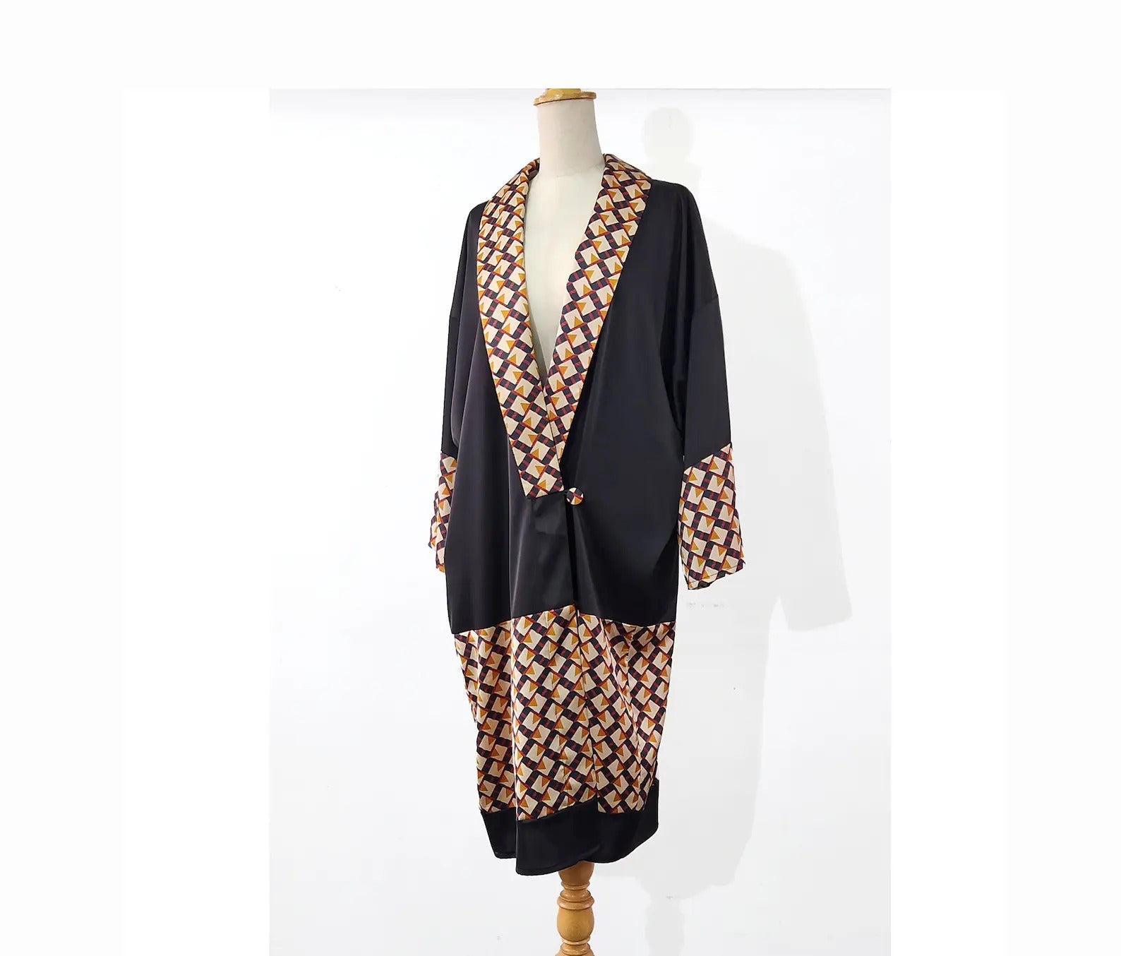 Satin kimono robe with shawl lapel in black and brown geometric print LaVieDelight Satin kimono robe with shawl lapel in black and brown geometric print LaVieDelight