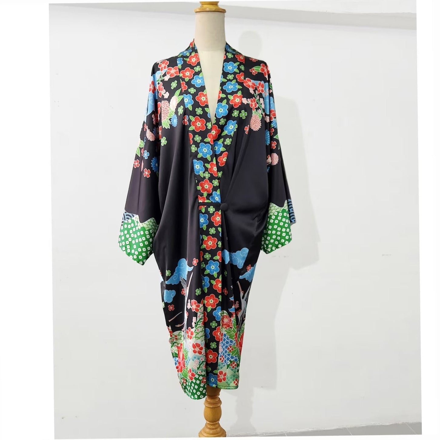 Japanese art inspired kimono robe in black with floral and bird print, a 1920s-inspired kimono robe