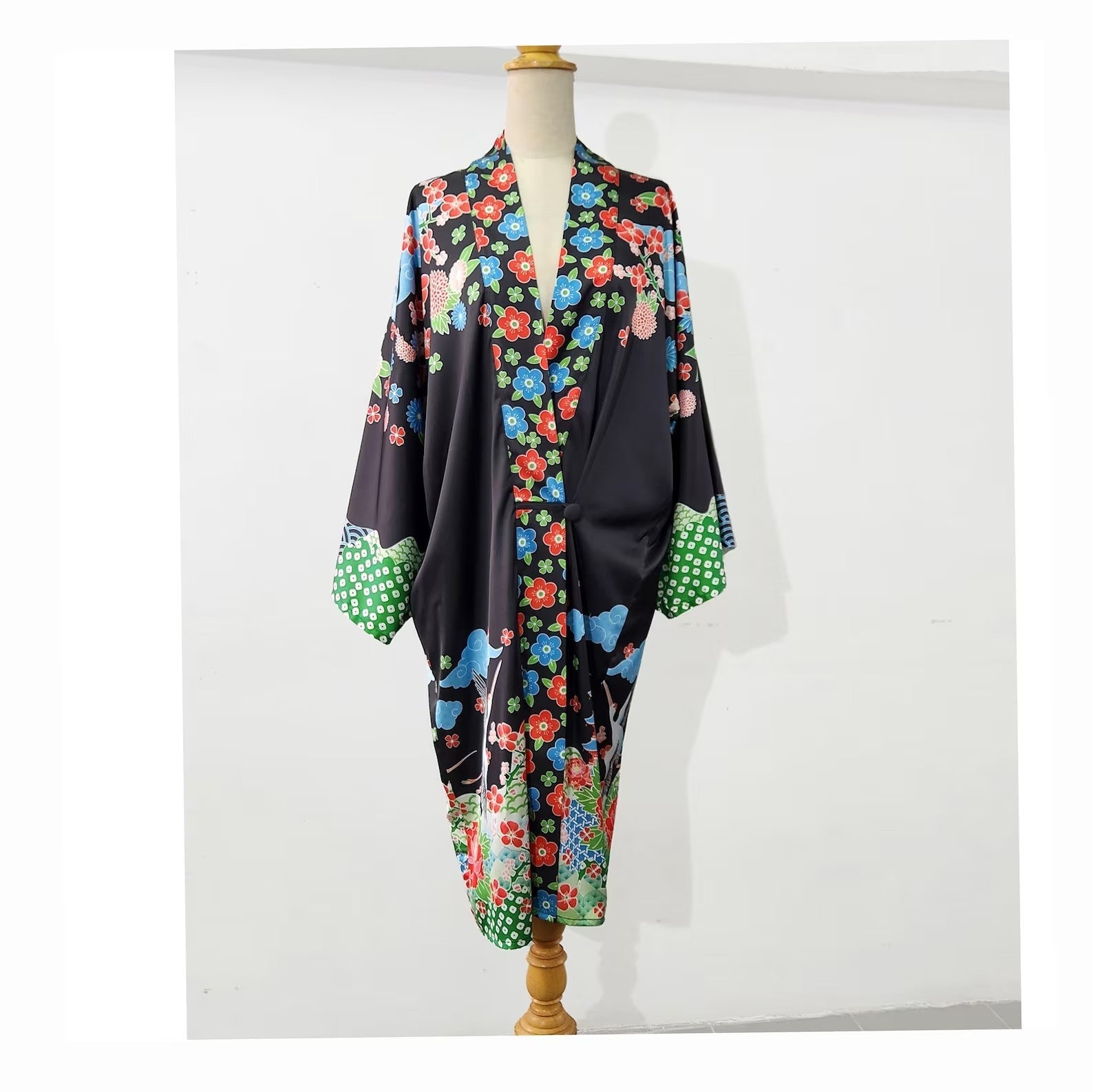 Japanese art inspired kimono robe in black with floral and bird print, a 1920s-inspired kimono robe
