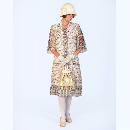 1920s chiffon high tea dress in printed cream with elbow sleeves