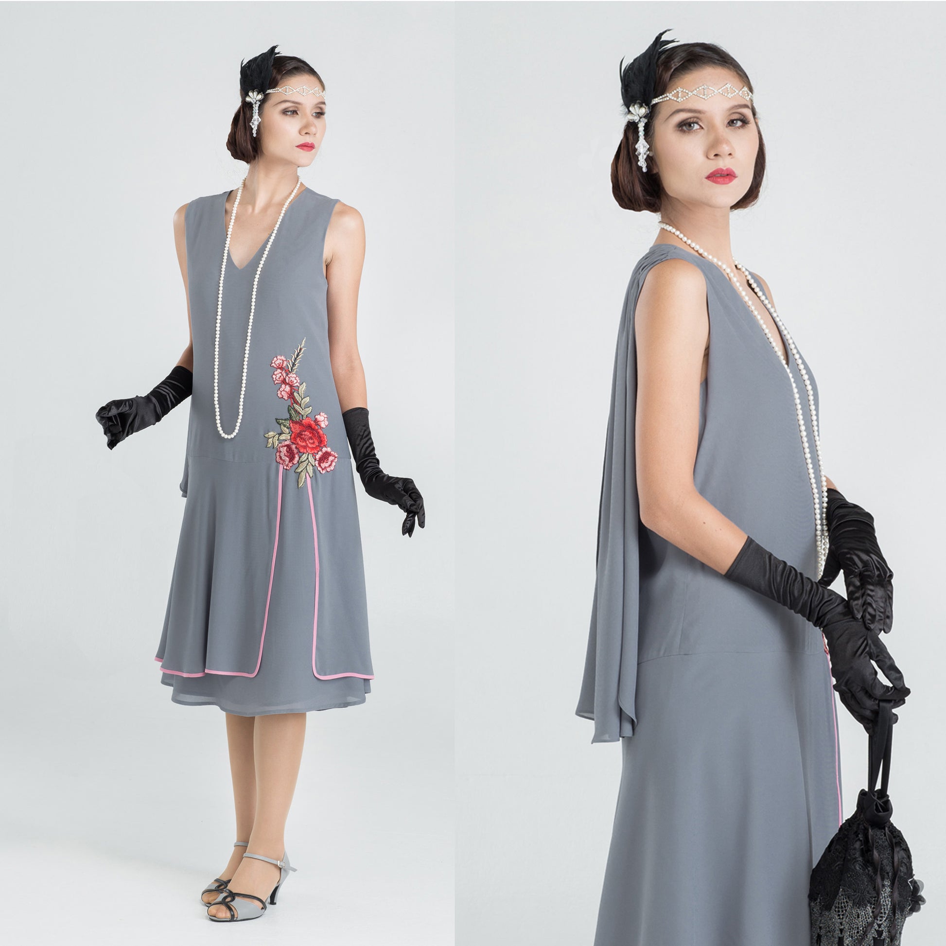 Grey chiffon Gatsby evening dress with a shoulder train - a vintage-inspired dress