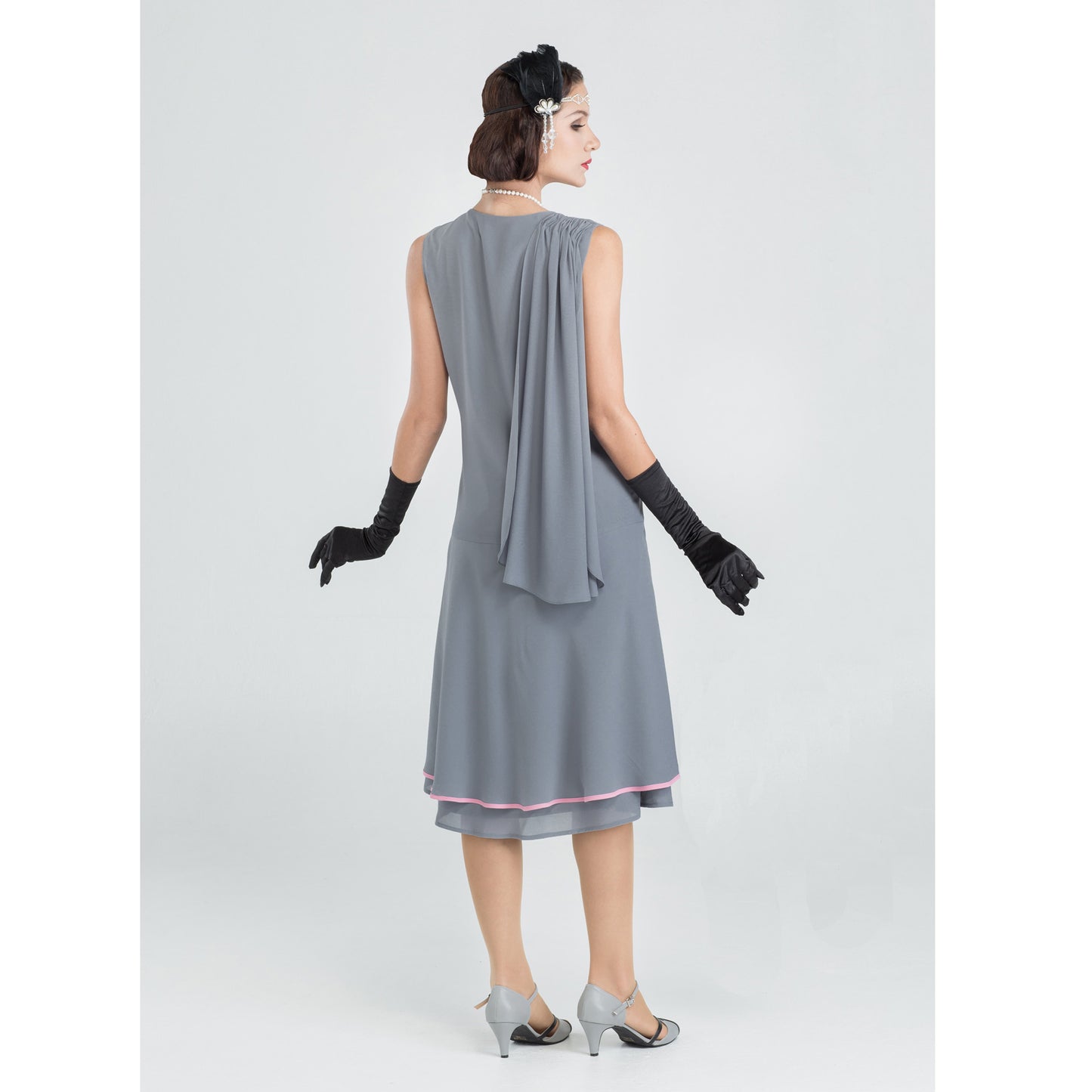 Grey chiffon 1920s Jazz Age party dress, or Great Gatsby dress or Flapper, with train on the shoulder and decorative pink floral embroidery