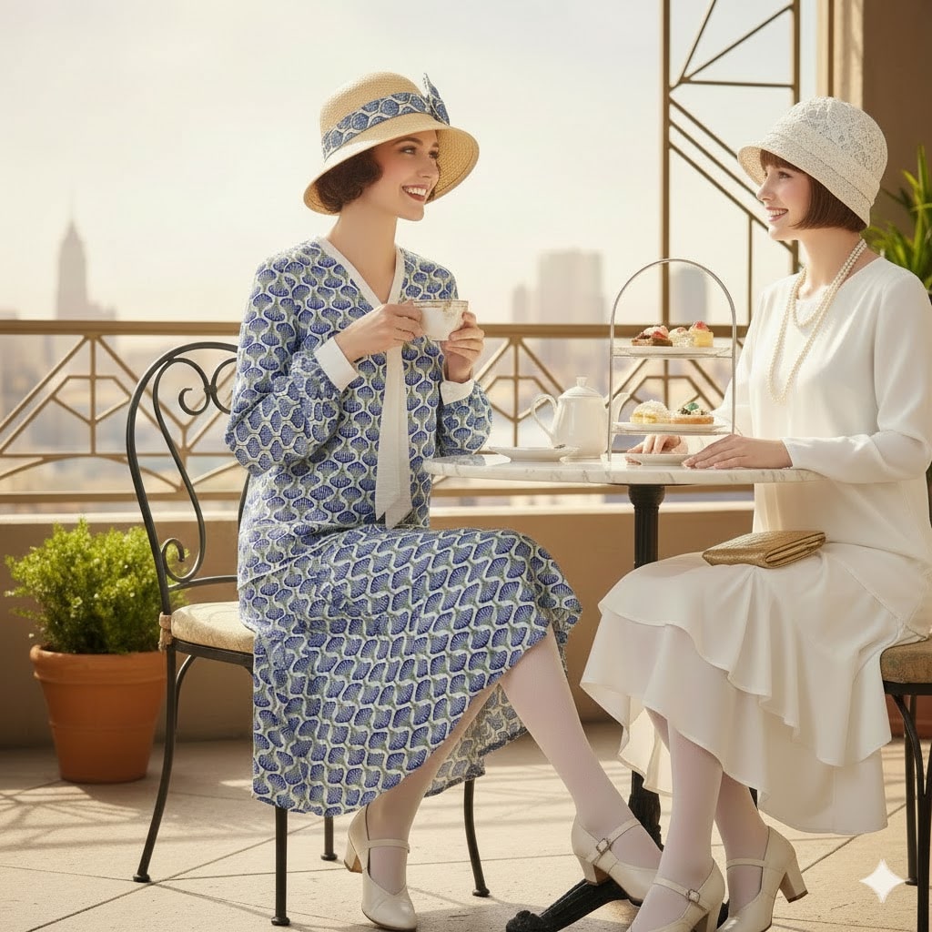 1920s Style Blue Palm Leaf Print Dress with White Tie
