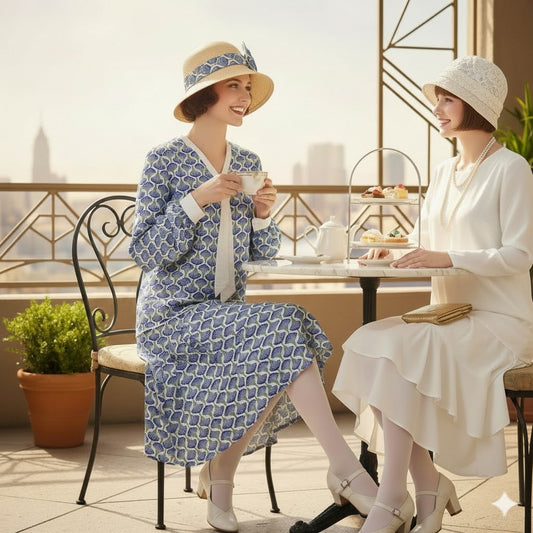 1920s Style Blue Palm Leaf Print Dress with White Tie