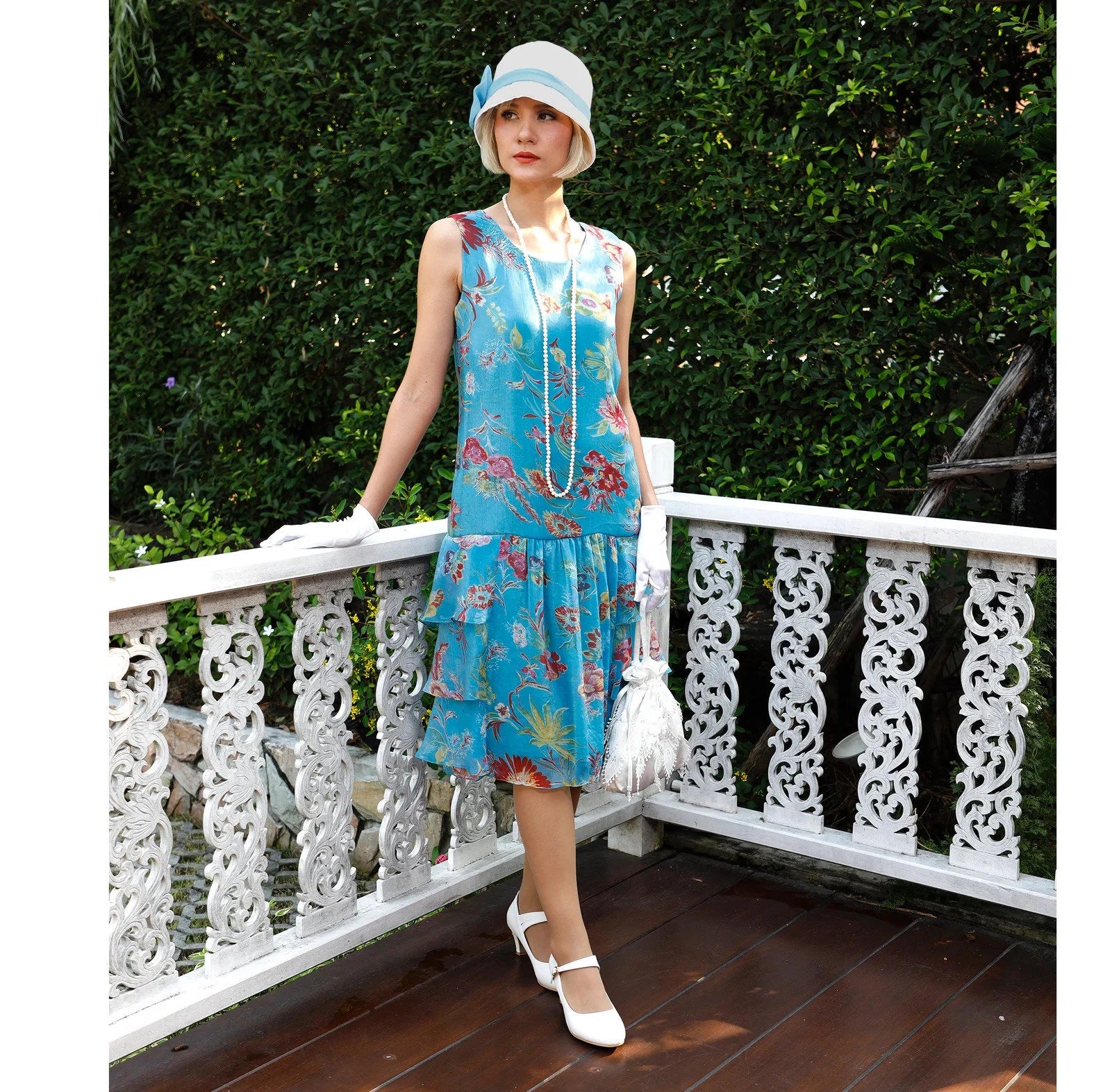 Great Gatsby dress made of 100% silk chiffon in deep sky blue floral print with tiered skirt . Also nice as Downton Abbey dress or 1920 high tea dress.