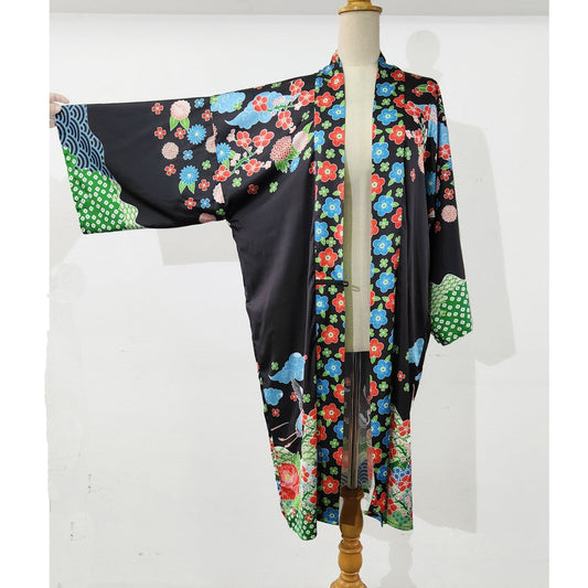 Oriental inspired black kimono robe with Japanese art print, a 1920s inspired Great Gatsby coat